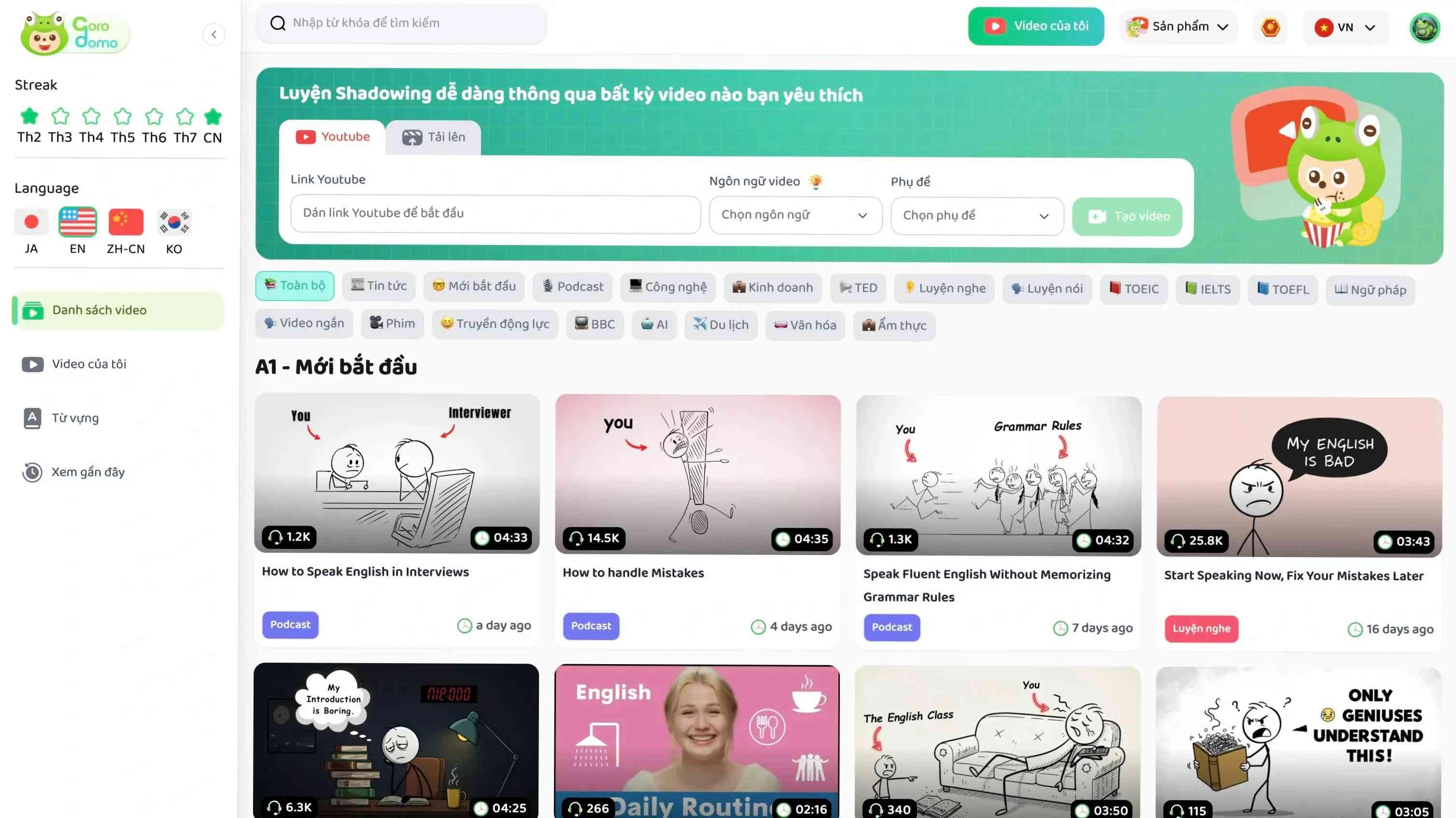 Học ngoại ngữ Online thông qua Video - Corodomo